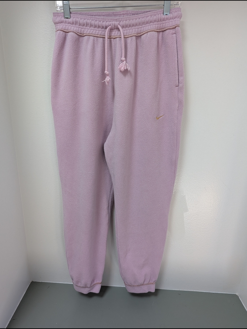 Nike Pink Fleece Jogger Pants with Gold Swoosh And Trim. Size M